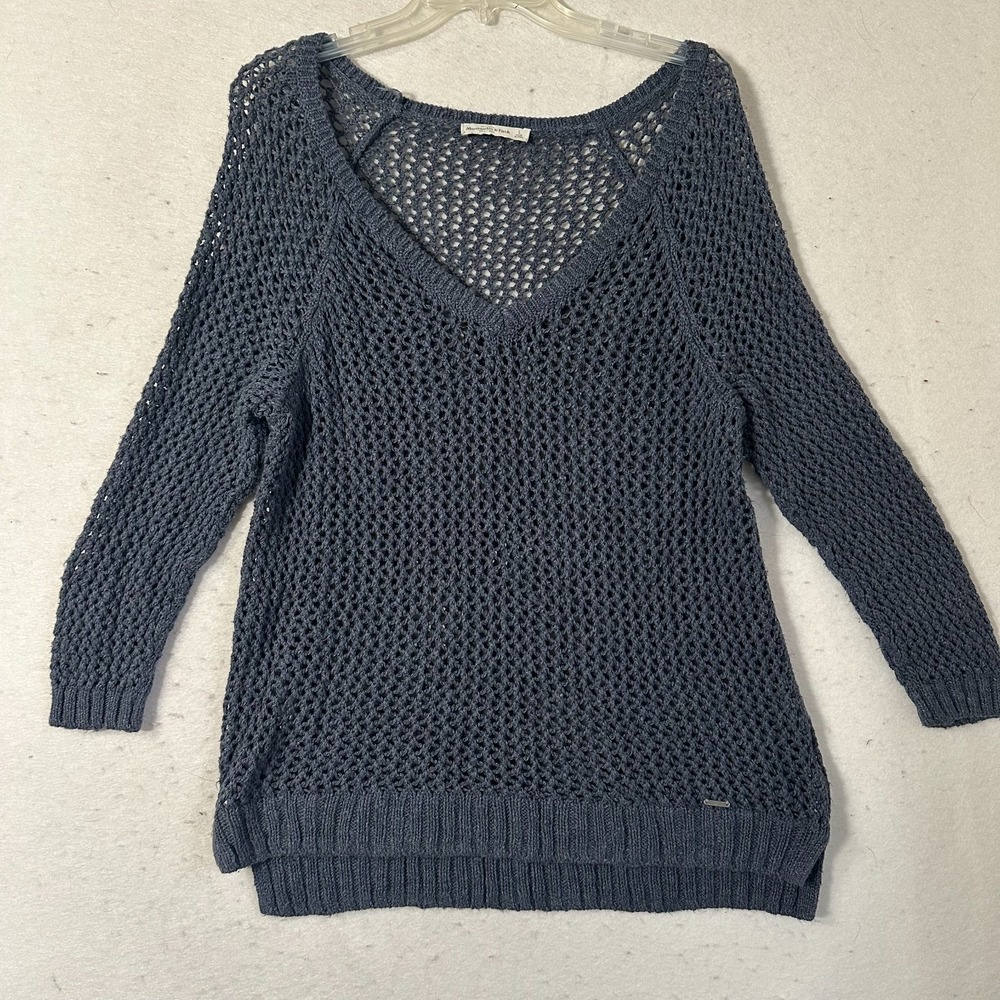 Abercrombie & Fitch Sweater Women Large Blue Open Knit Crochet Cotton v neck